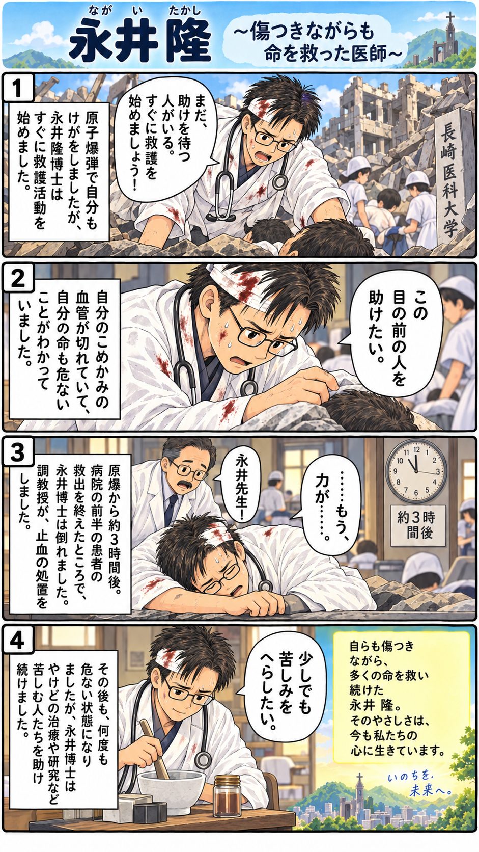4コマまんが「永井隆〜傷つきながらも命を救った医師〜」。被爆して頭から血を流しながらも、目の前の人を助けようと手当てを続け、倒れそうになっても患者さんを診て回る永井さん