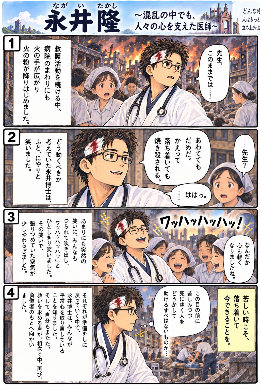4コマまんが「永井隆〜混乱の中でも、人々の心を支えた医師〜」。混乱する救護の場で、永井さんが突然「ワッハッハッハッ！」と笑い、まわりの人たちも笑って落ち着きを取り戻す