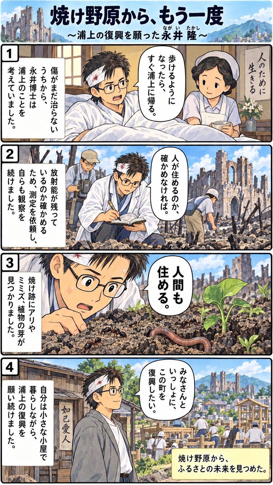 4コマまんが「焼け野原から、もう一度〜浦上の復興を願った永井隆〜」。焼け野原で記録を続け、アリやミミズ、植物の芽を見つけて「人間も住める」と確信する永井さん