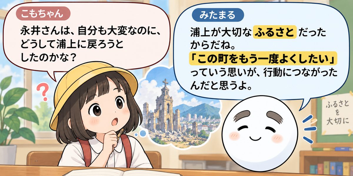 もりちゃん「永井さんは、自分も大変なのに、どうして浦上に戻ろうとしたのかな？」みたまる「浦上が大切なふるさとだったからだね。『この町をもう一度よくしたい』っていう思いが、行動につながったんだと思うよ。」