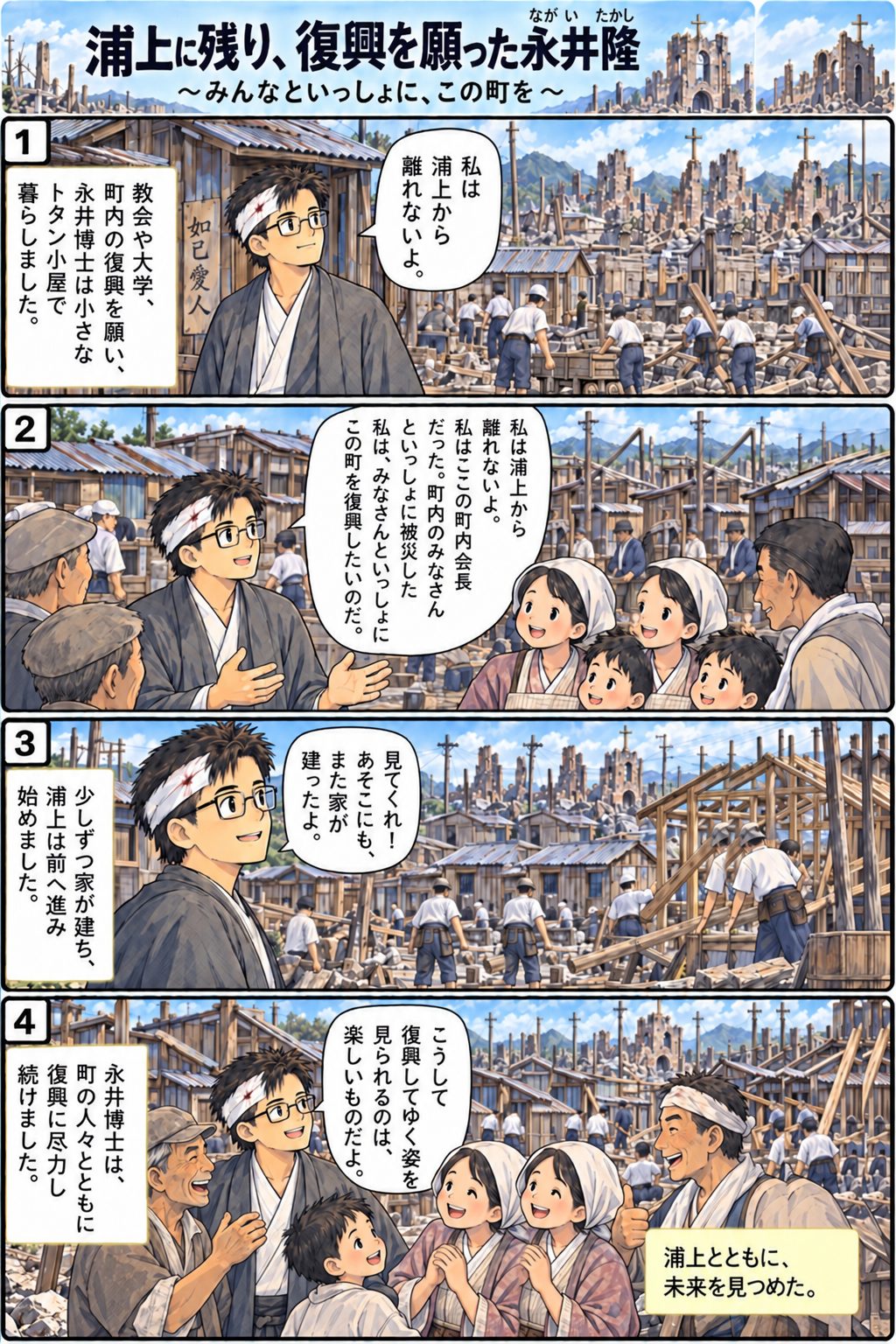 4コマまんが「浦上に残り、復興を願った永井隆〜みんなといっしょに、この町を〜」。自分の家よりも町の復興を優先し、少しずつ家が建っていく浦上を町の人たちと喜ぶ永井さん