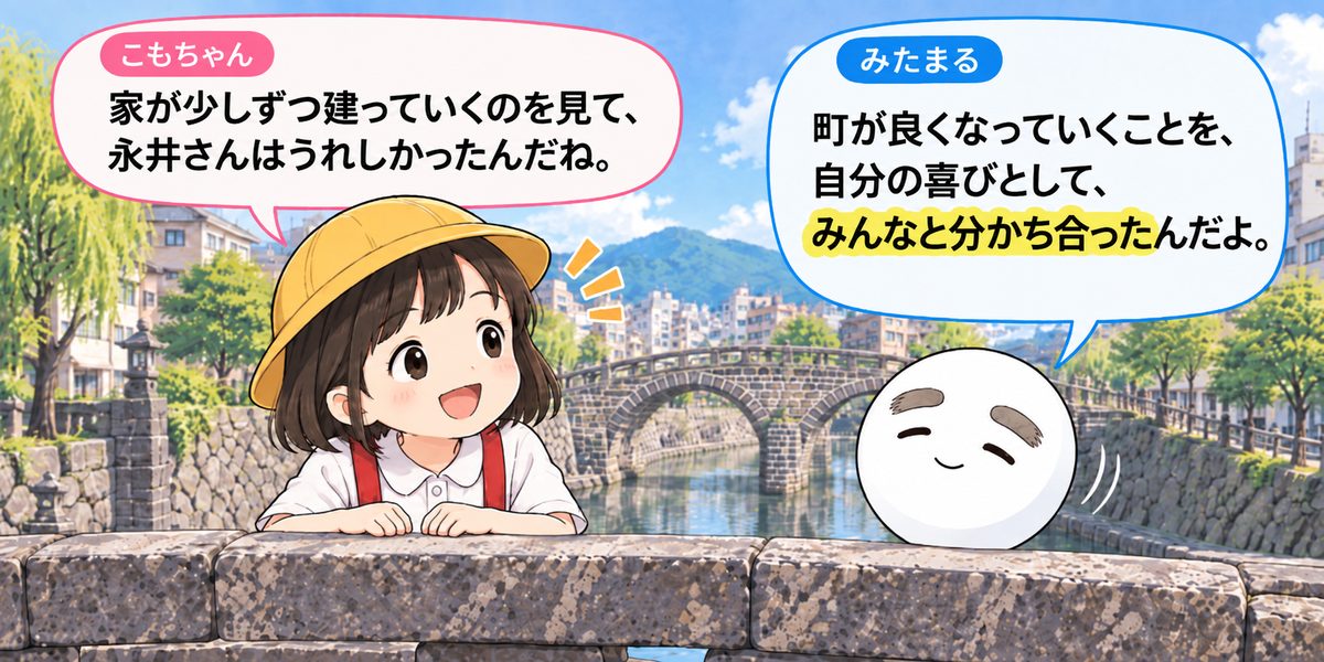 もりちゃん「家が少しずつ建っていくのを見て、永井さんはうれしかったんだね。」みたまる「町が良くなっていくことを、自分の喜びとして、みんなと分かち合ったんだよ。」