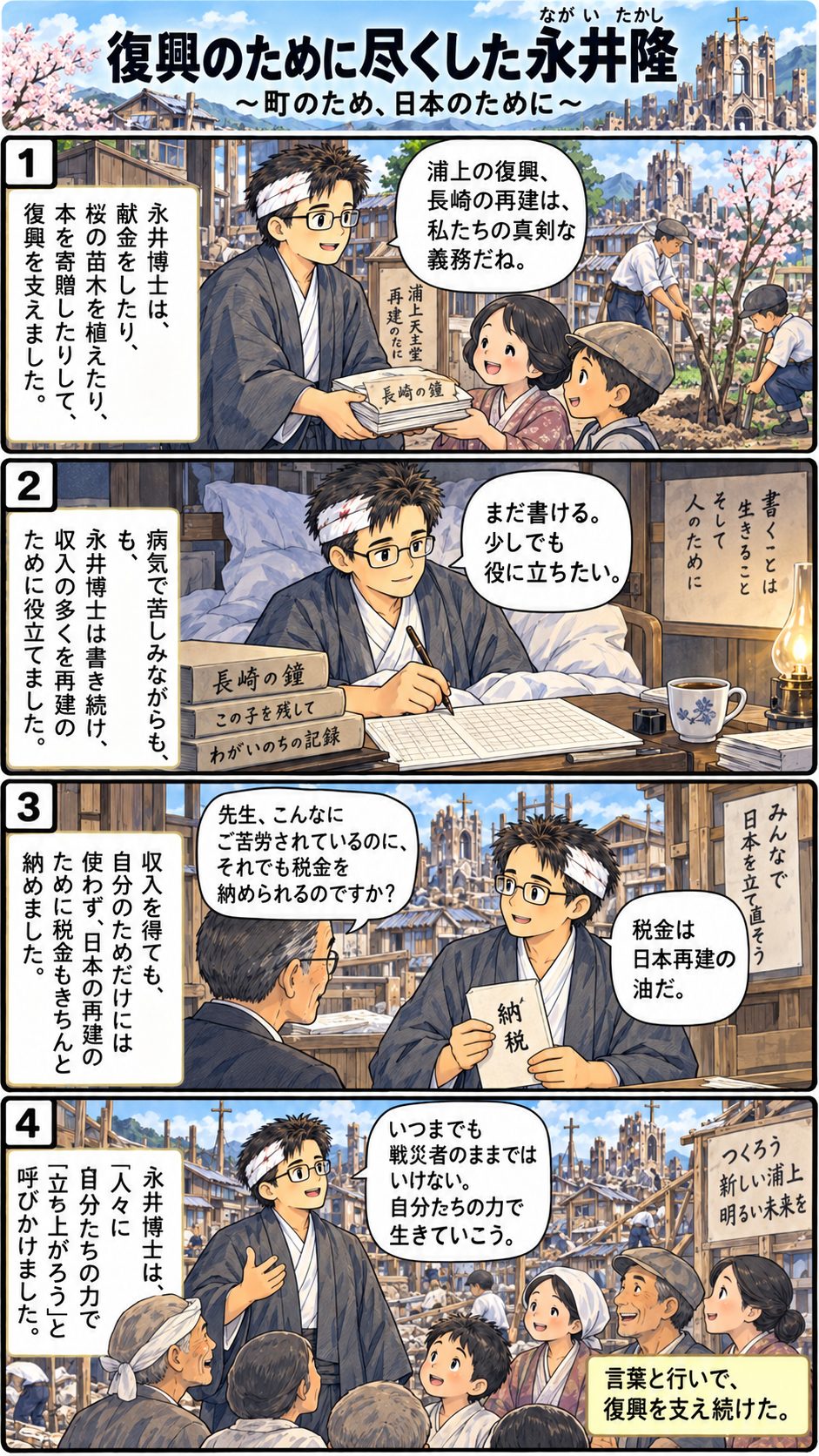4コマまんが「復興のために尽くした永井隆〜町のため、日本のために〜」。病床でも本を書き続け、収入を町の再建に役立て、人々に自分たちの力で立ち直ろうと呼びかける永井さん