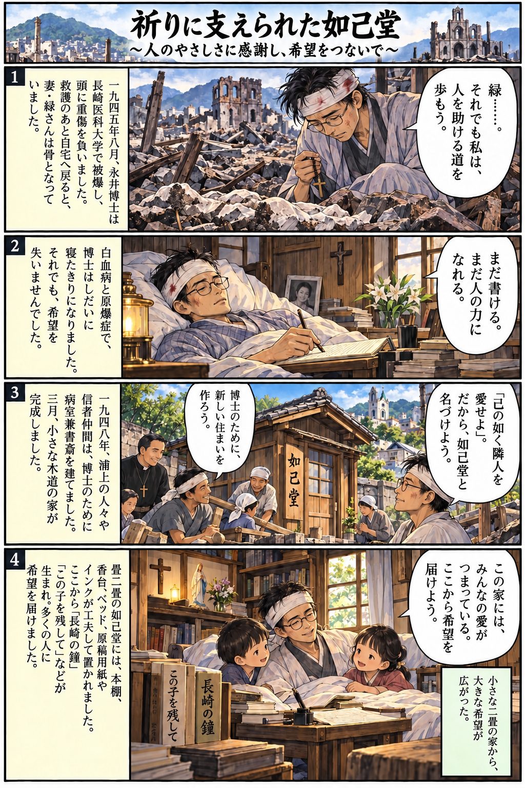 4コマまんが「祈りに支えられた如己堂〜人のやさしさに感謝し、希望をつないで〜」。浦上の人々や信者仲間が如己堂を建て、病床の永井さんがそこから本を書き、子どもたちや訪れる人に希望を届ける