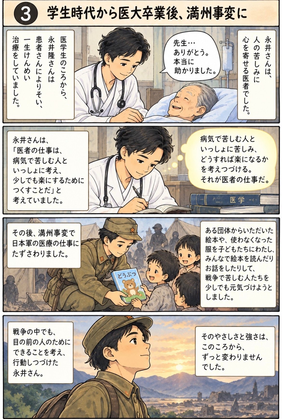 4コマまんが「学生時代から医大卒業後、満州事変に」。医者の仕事は病気で苦しむ人といっしょに苦しみ、楽になる方法を考え続けることだと考えていた永井さん。満州事変では軍医として子どもたちに絵本を配り、戦争で苦しむ人を元気づけようとした