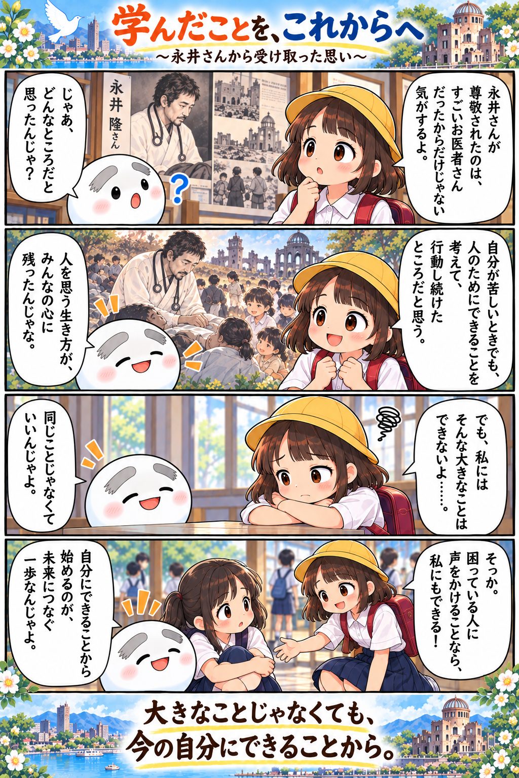 まとめマンガ「学んだことを、これからへ〜永井さんから受け取った思い〜」。もりちゃんとみたまるが永井さんから学んだことをふり返り、「大きなことじゃなくても、今の自分にできることから」と考える