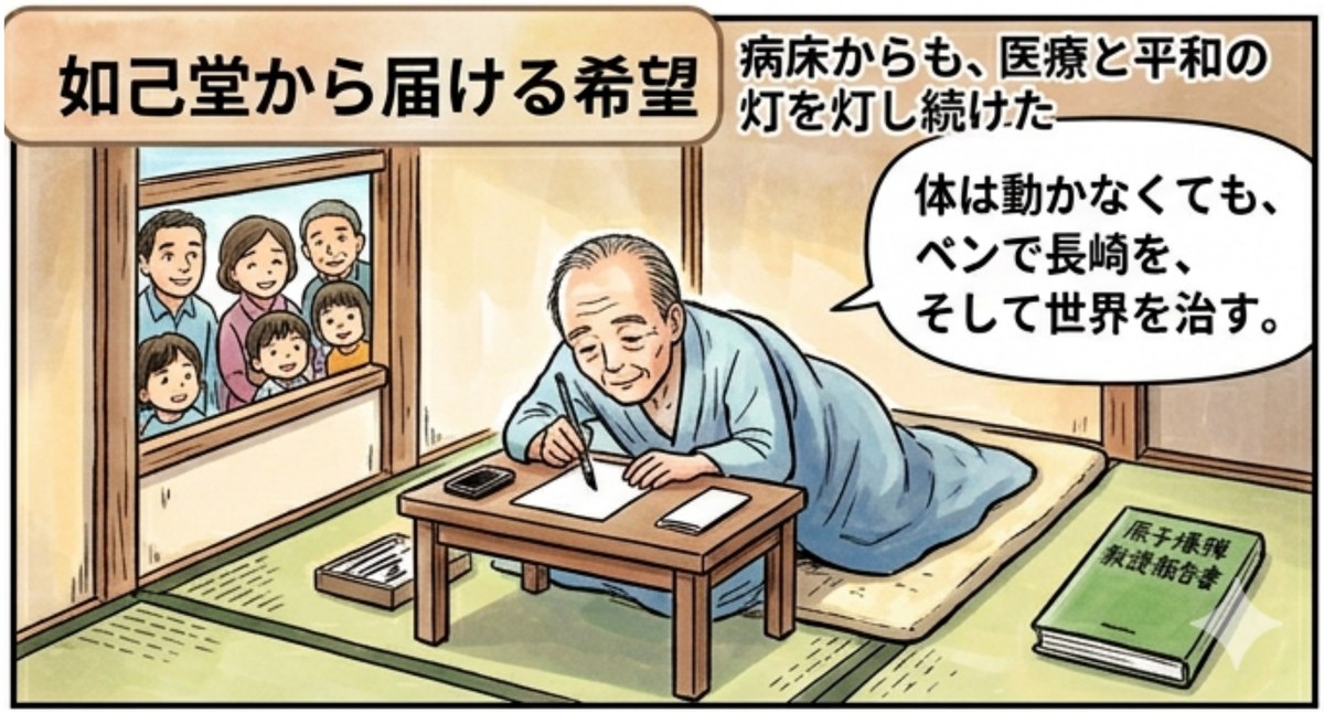 病床の如己堂で永井隆が机に向かい執筆を続け、窓の外から家族が見守っている場面