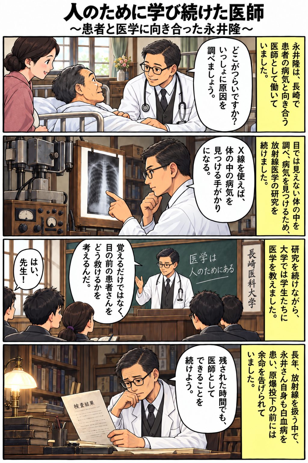 4コマまんが「人のために学び続けた医師〜患者と医学に向き合った永井隆〜」。患者さんの話をよく聞き、X線で病気を調べ、学生に医学を教え、夜おそくまで研究を続ける永井さん